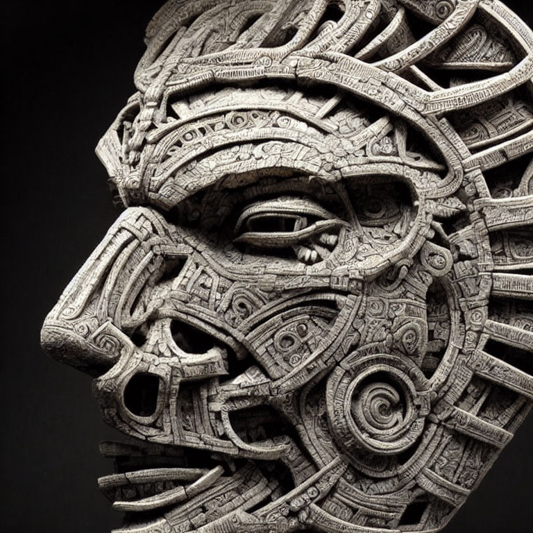 Stone mask with spiral eyes and Aztec patterns: Detailed ancient craftsmanship.