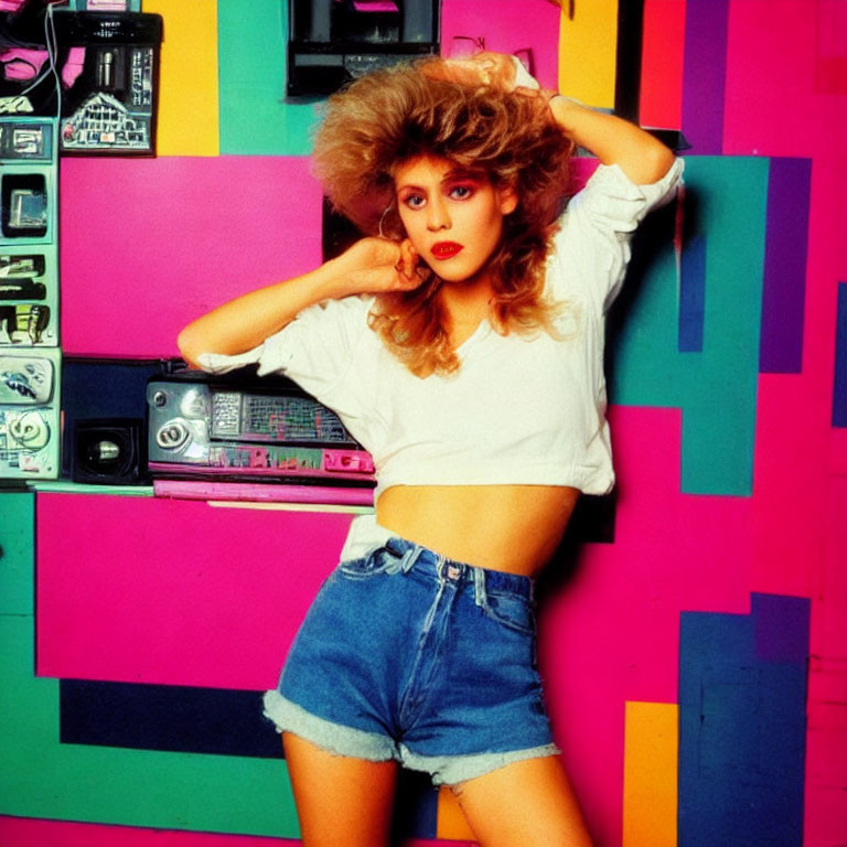 Voluminous hair woman in crop top and denim shorts on colorful geometric backdrop