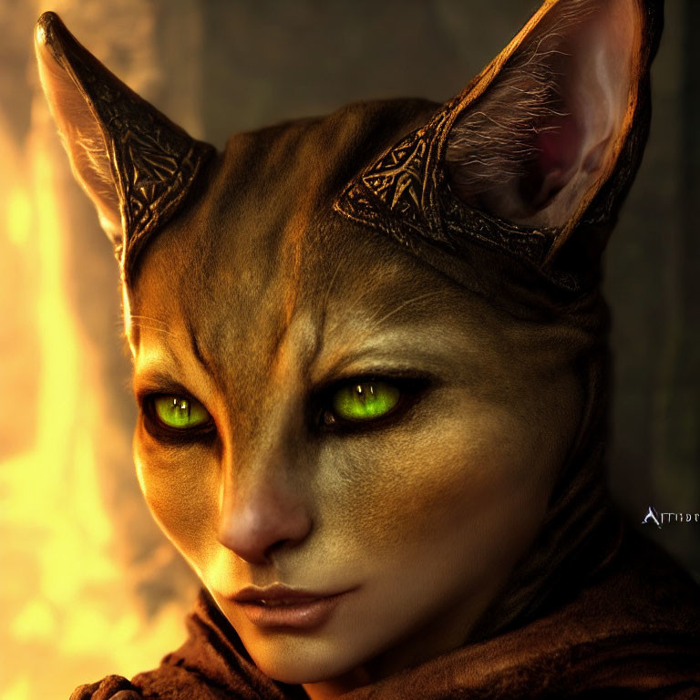 Digital artwork: humanoid with feline features on amber-lit background