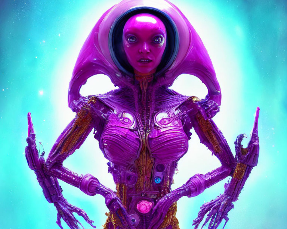 Detailed futuristic female robot with purple helmet and mechanical body on blue backdrop