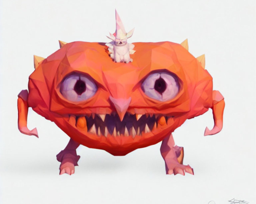 Stylized digital artwork of large orange creature with purple eyes and sharp teeth