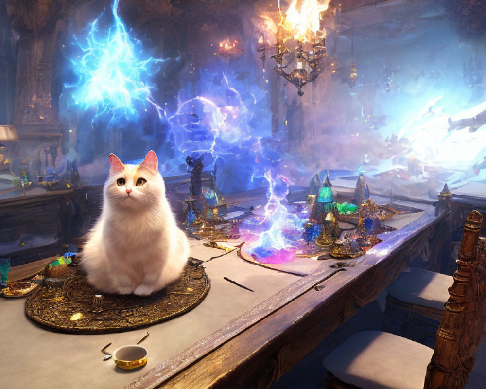 White Cat Surrounded by Magical Items and Blue Flames