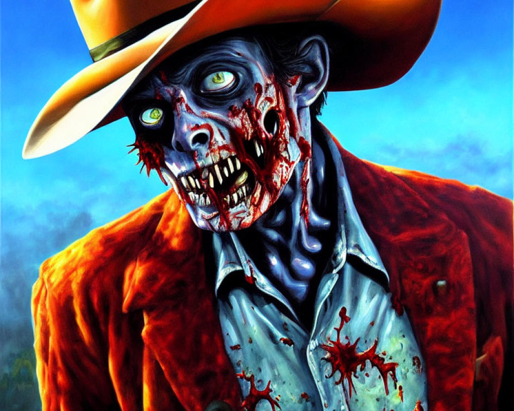 Zombie cowboy with tattered face and red jacket under blue sky