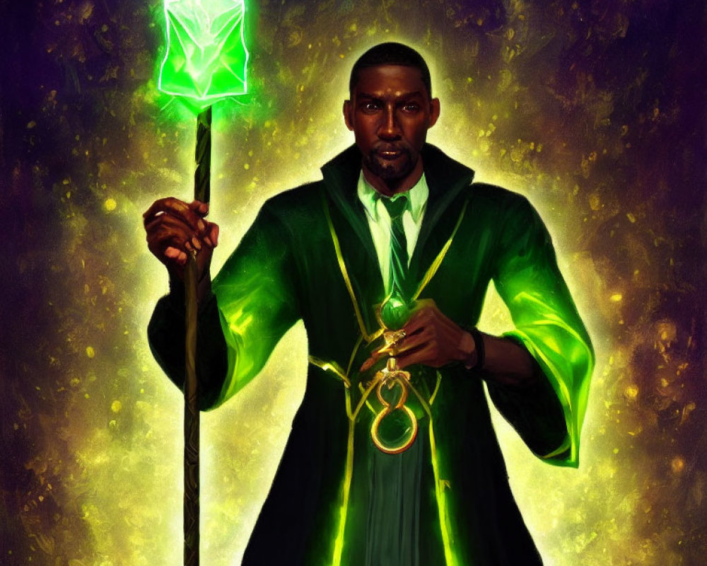 Man in Green Cloak with Lantern and Staff on Mystical Background