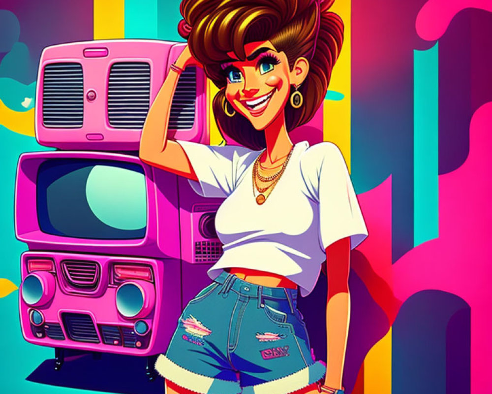 Colorful Illustration: Smiling Woman in Retro Style with Boomboxes