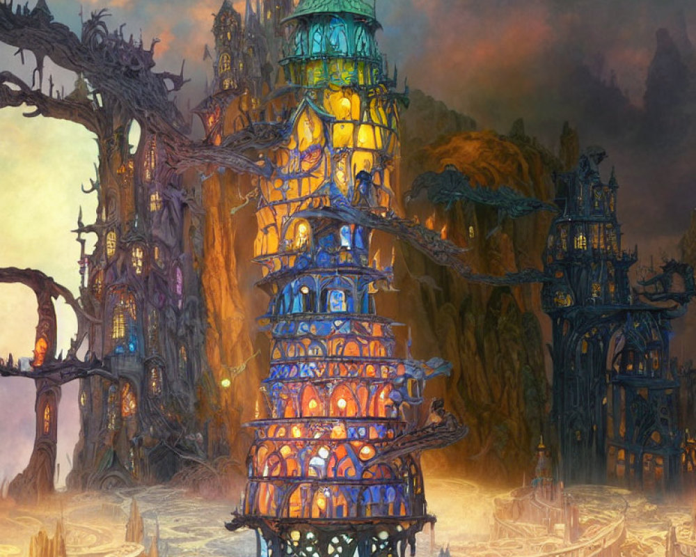 Colorful illuminated towers in magical fantasy landscape amid ancient trees