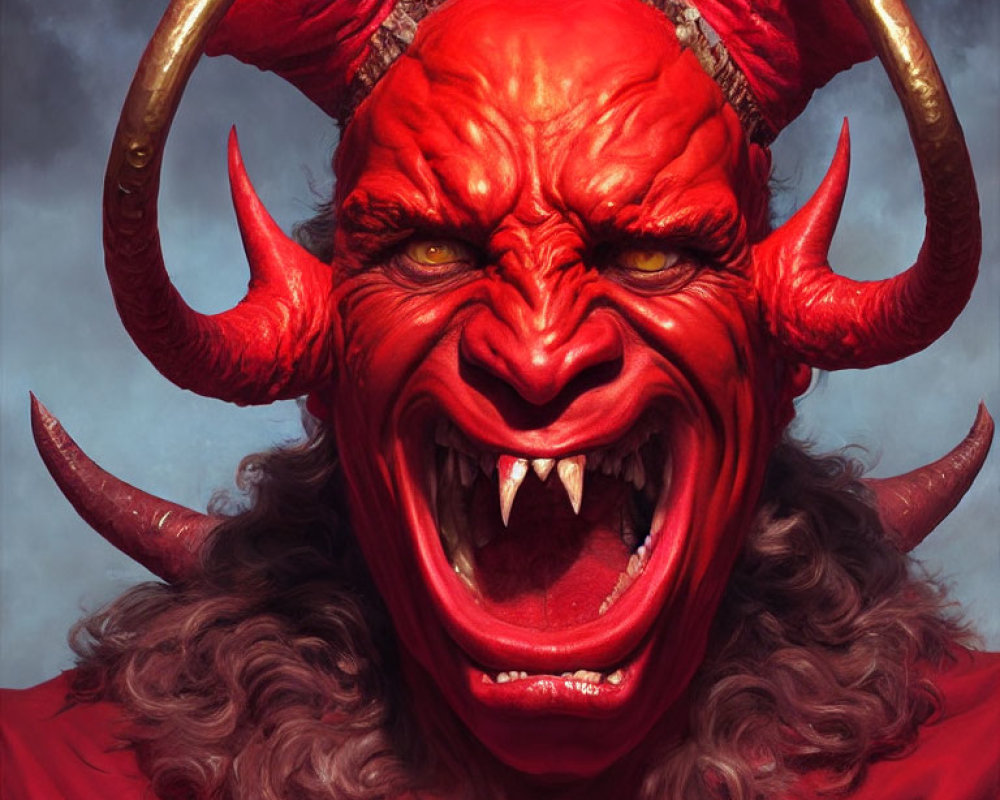 Sinister Red Demon with Horns and Sharp Teeth on Grey Background
