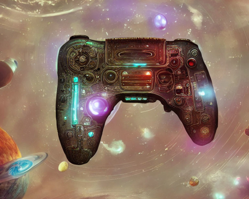 Colorful Cosmic-Themed Game Controller in Space