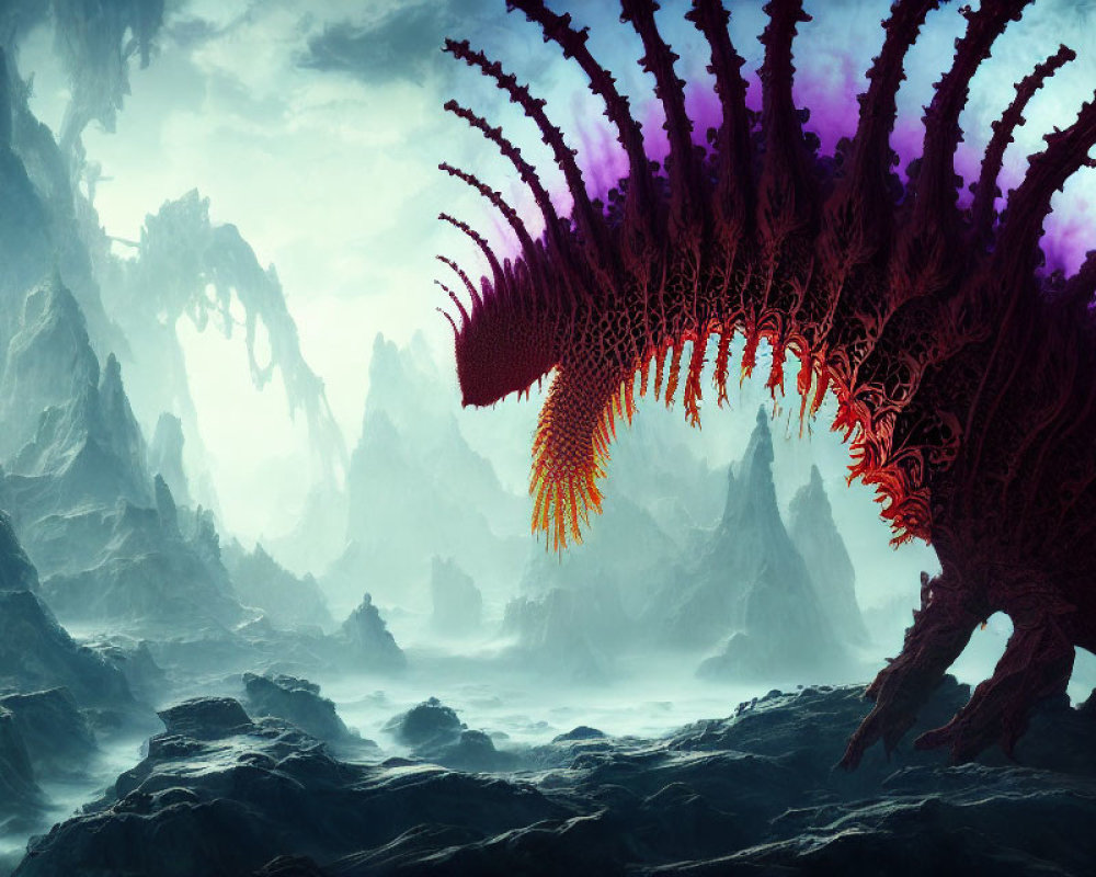 Vibrant purple and red spined dragon in misty mountain landscape