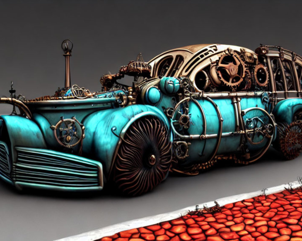 Steampunk-style Vehicle with Gears and Pipes in Bronze and Teal Color Scheme