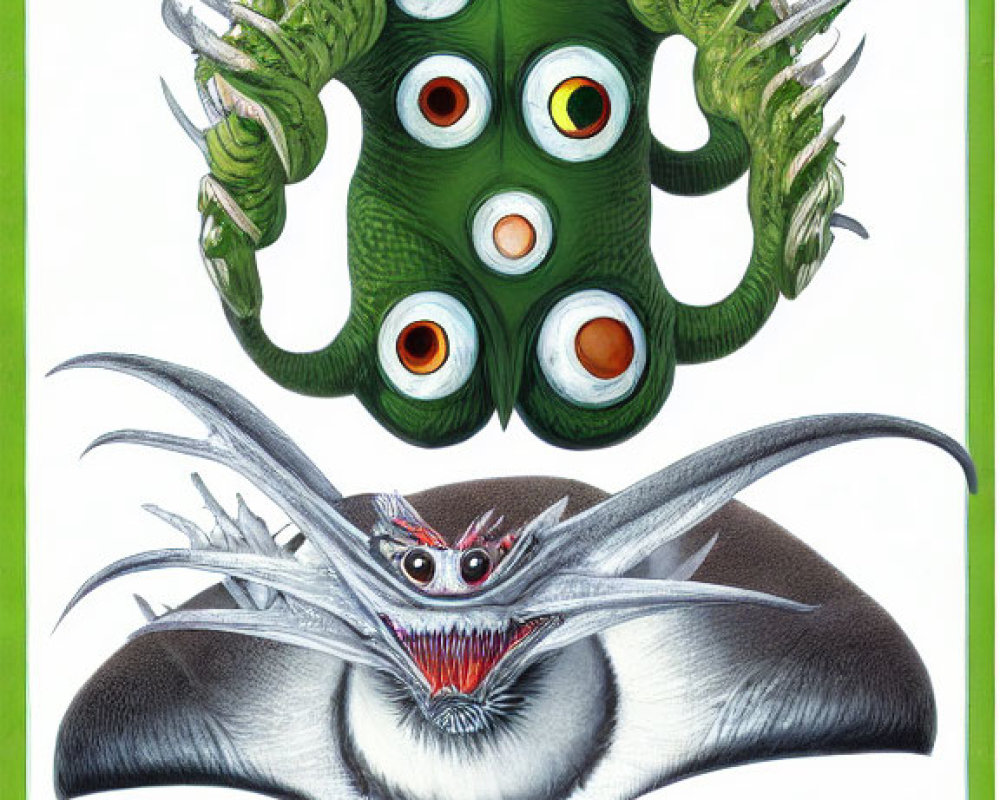 Mythical creature with green serpentine heads and winged entity with red eyes.