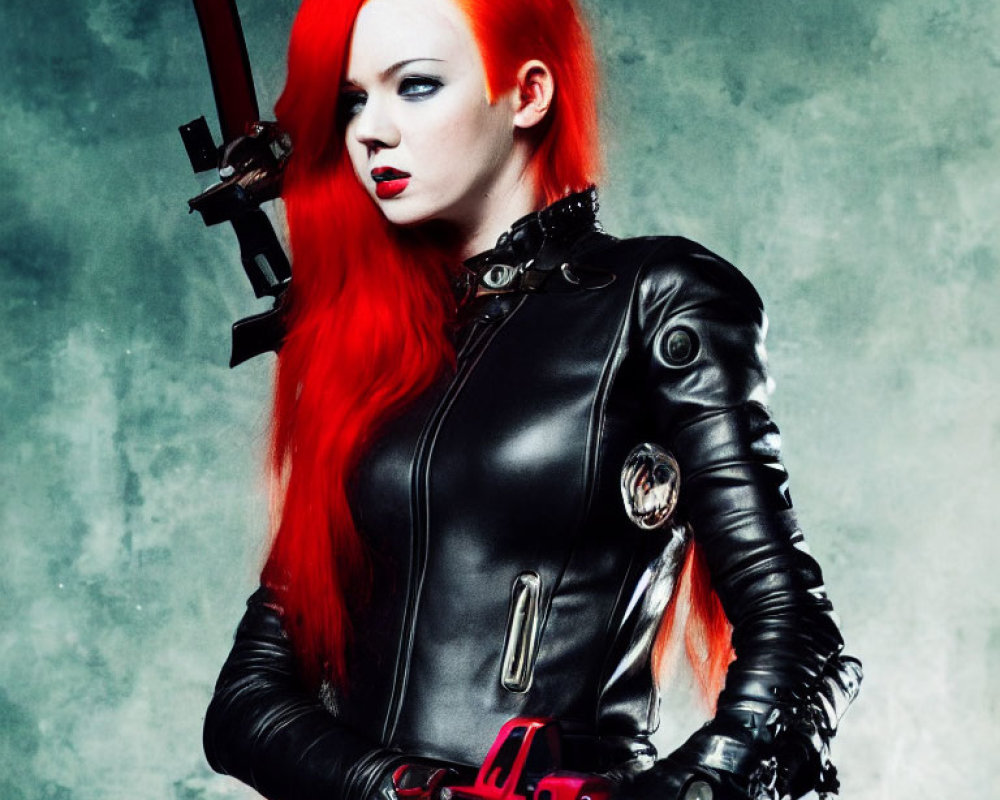 Red-haired woman in black leather jacket with crossbow on smoky backdrop