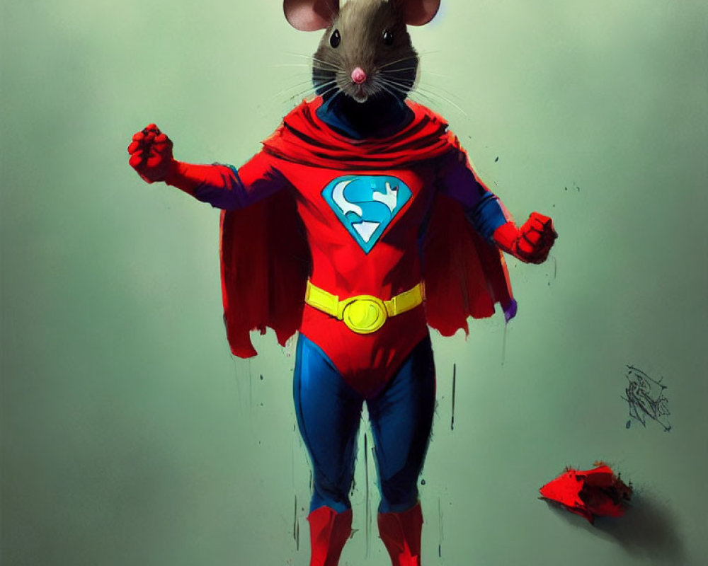 Mouse superhero illustration with red cape standing proudly