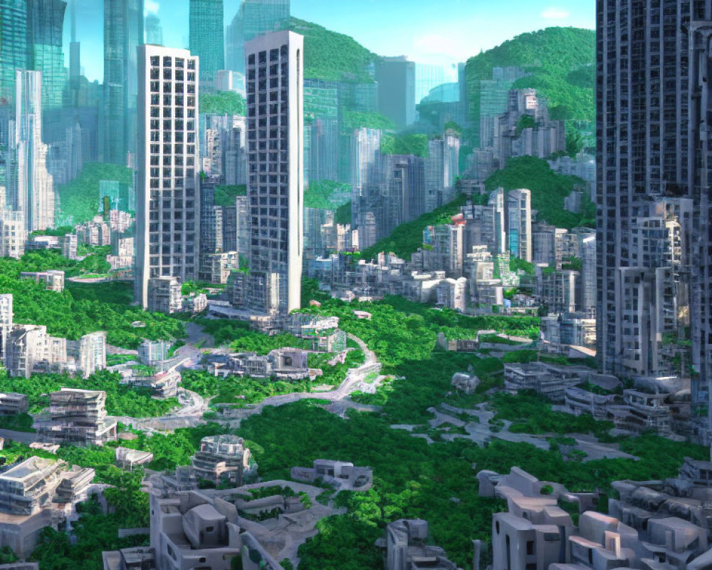 Futuristic cityscape with nature-integrated skyscrapers and blue skies
