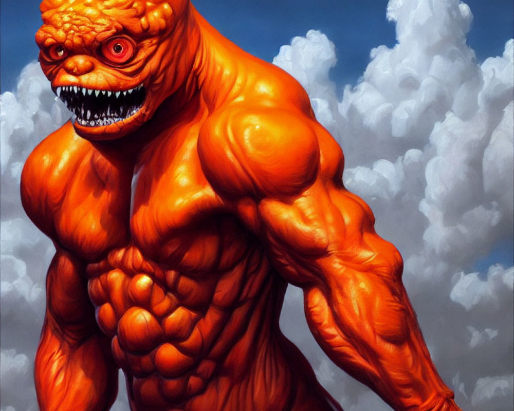Muscular orange creature with textured skin and sharp teeth against cloudy sky