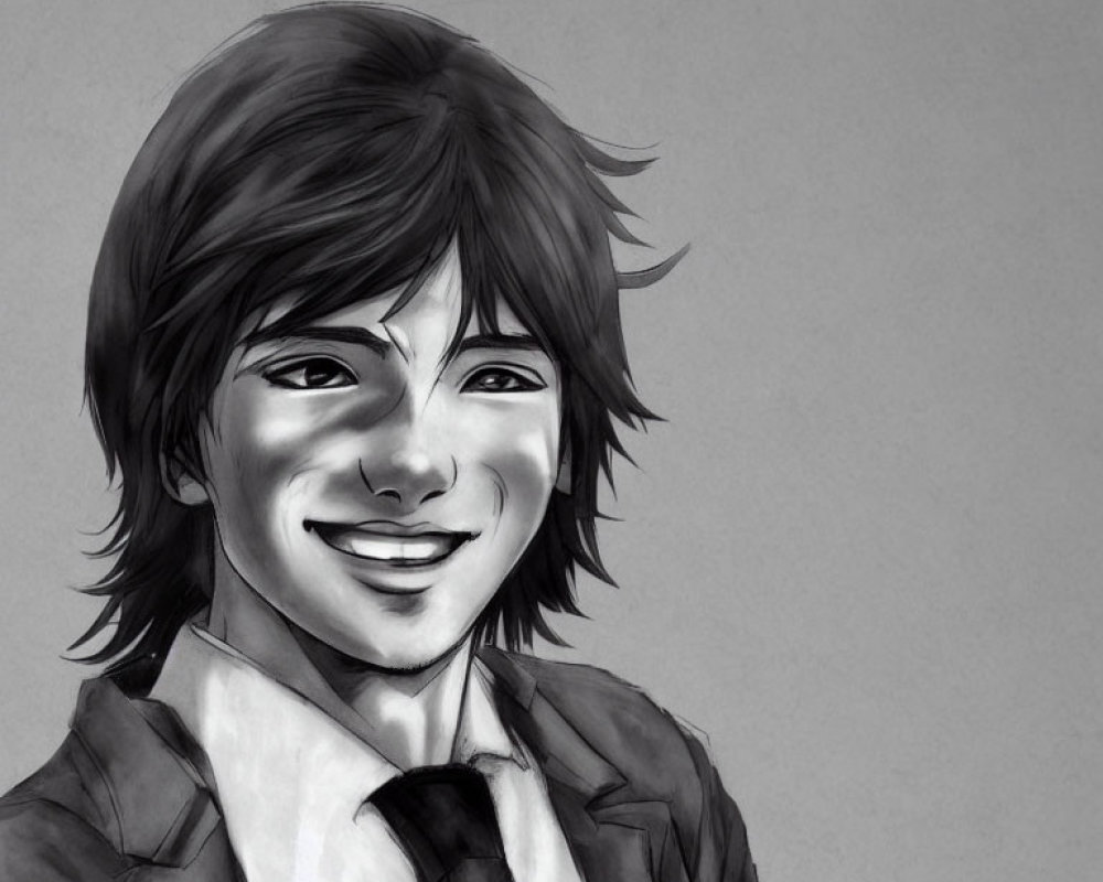 Monochrome digital portrait of a smiling person in jacket and tie