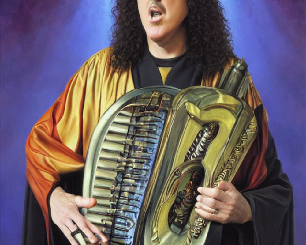 Long Curly-Haired Person in Robe Holding Oversized Accordion Under Spotlight