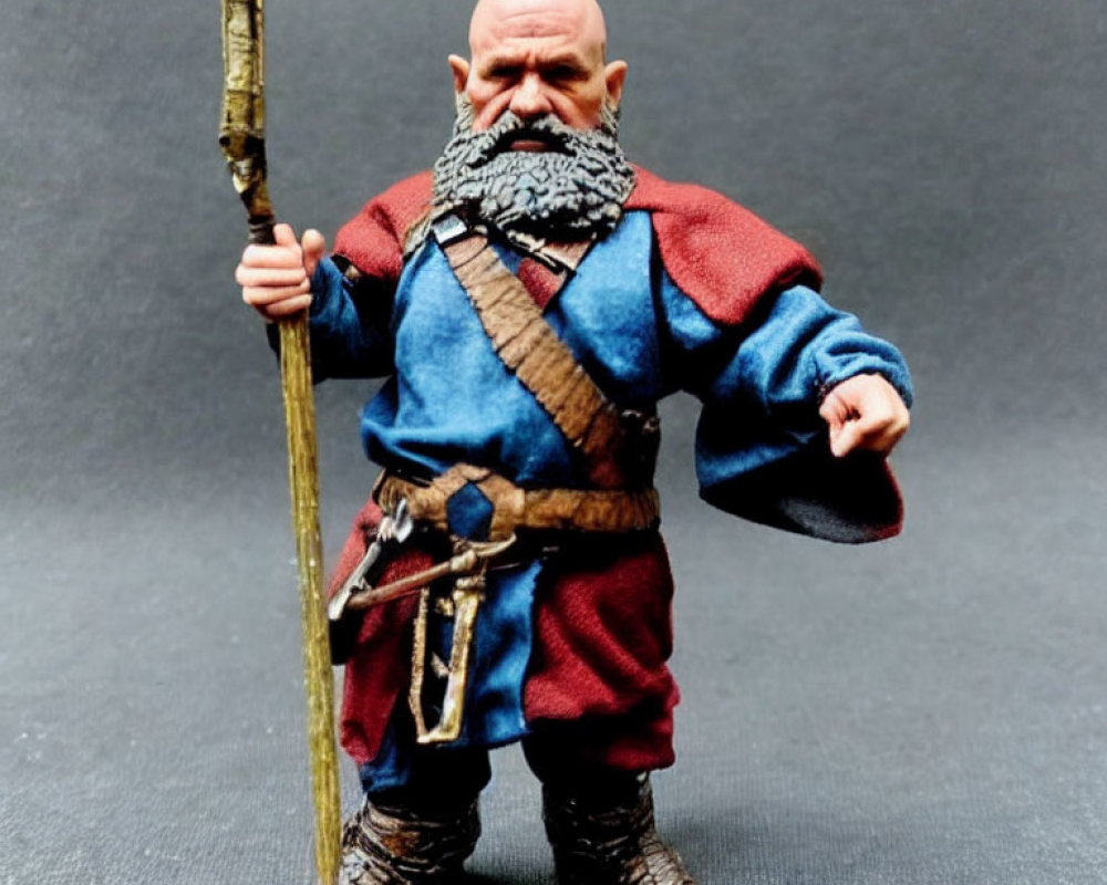 Fantasy Dwarf Warrior Figurine with Spear and Axe in Blue & Red Tunic