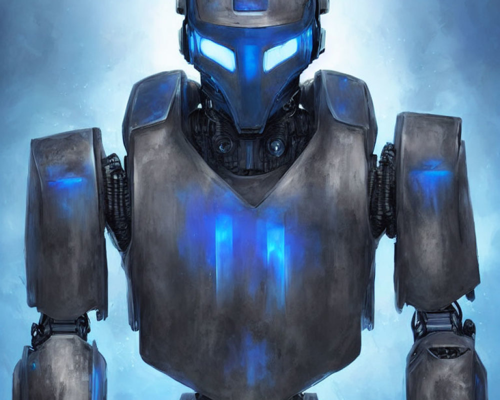 Close-up digital artwork of a sleek robot with blue glowing elements and a protective helmet on icy blue background