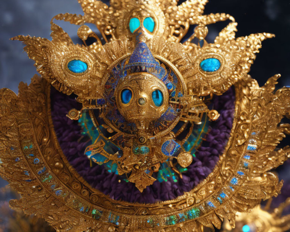 Golden Headdress with Blue Gemstones and Intricate Designs