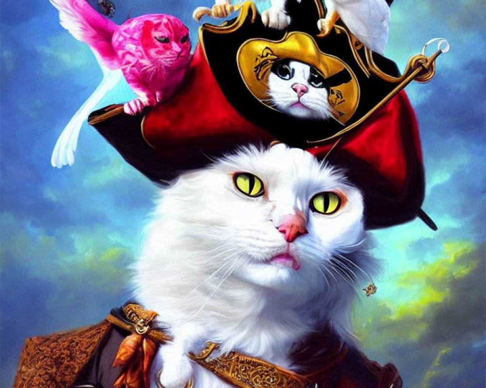 Whimsical painting of white cat as pirate captain with parrots.