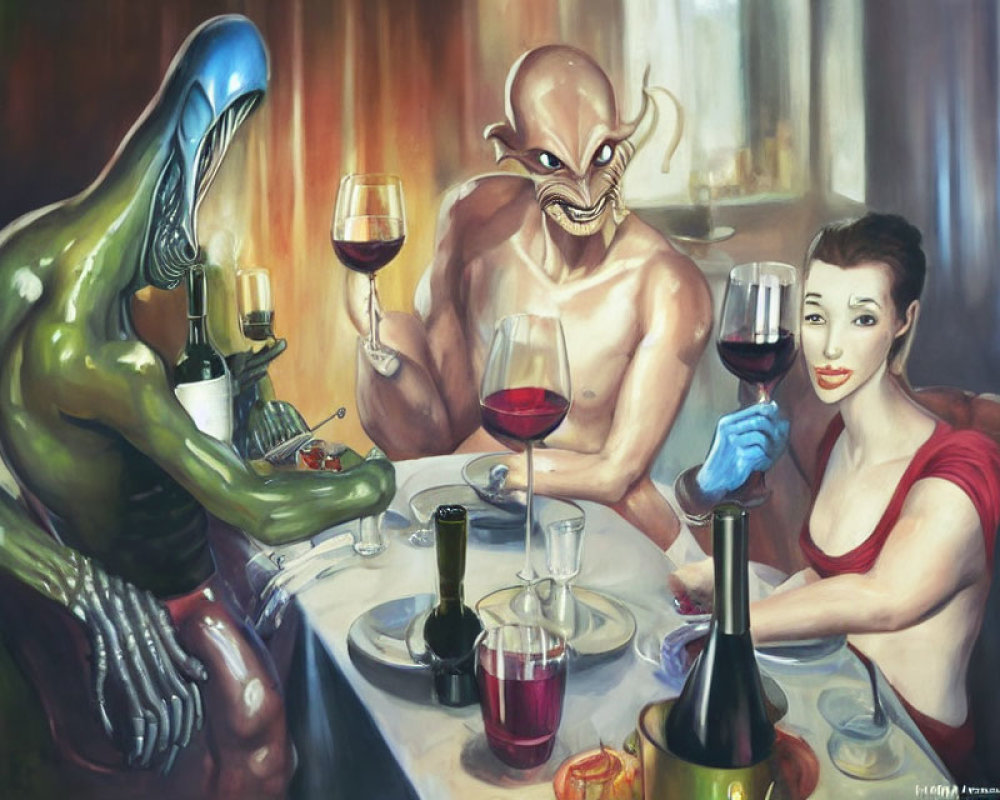 Alien, humanoid, and woman at dinner table with wine glasses