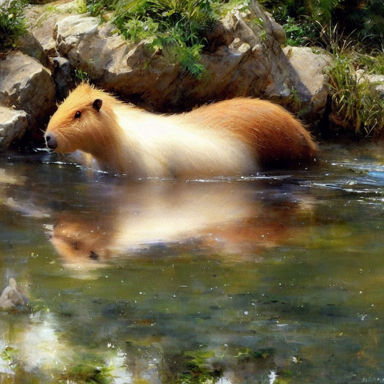 Capybara wading in tranquil waters among lush greenery