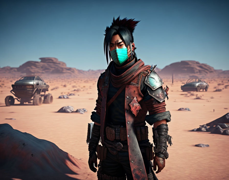 Post-apocalyptic character in desert with mask, leather jacket, and vehicle.