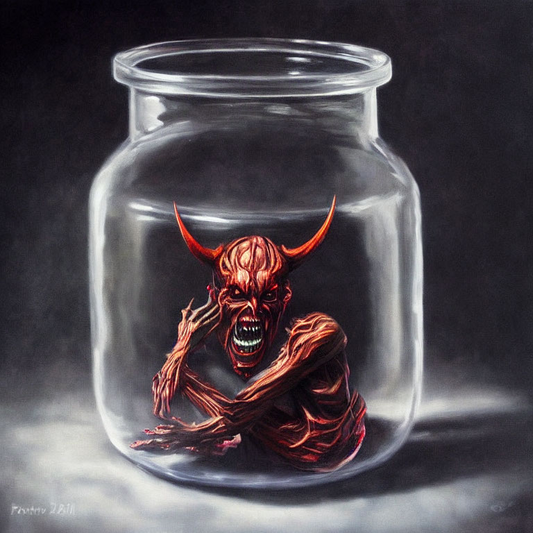 Red demon with horns and fangs trapped in glass jar on dark background