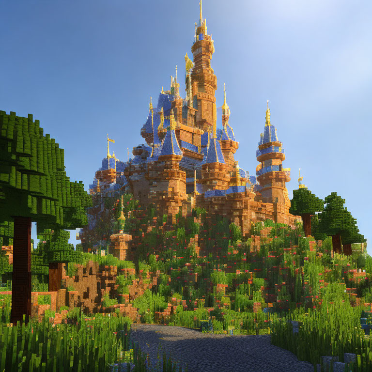Block-Style Castle with Spires in Lush Minecraft World