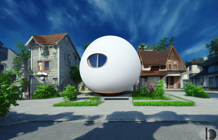Futuristic white spherical structure in suburban setting