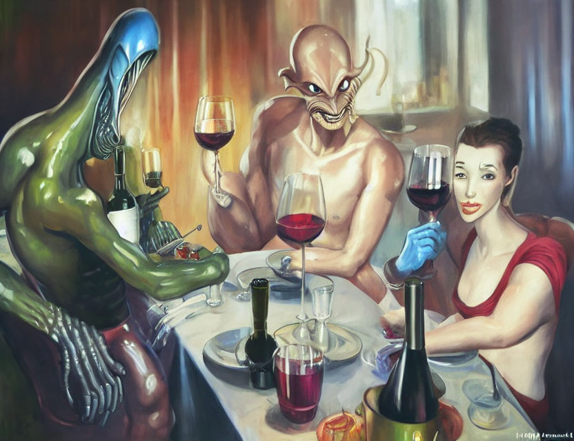 Alien, humanoid, and woman at dinner table with wine glasses