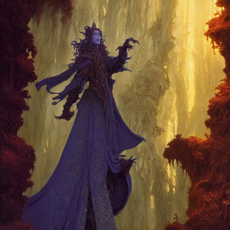 Mystical figure in ornate purple robes in amber-lit forest