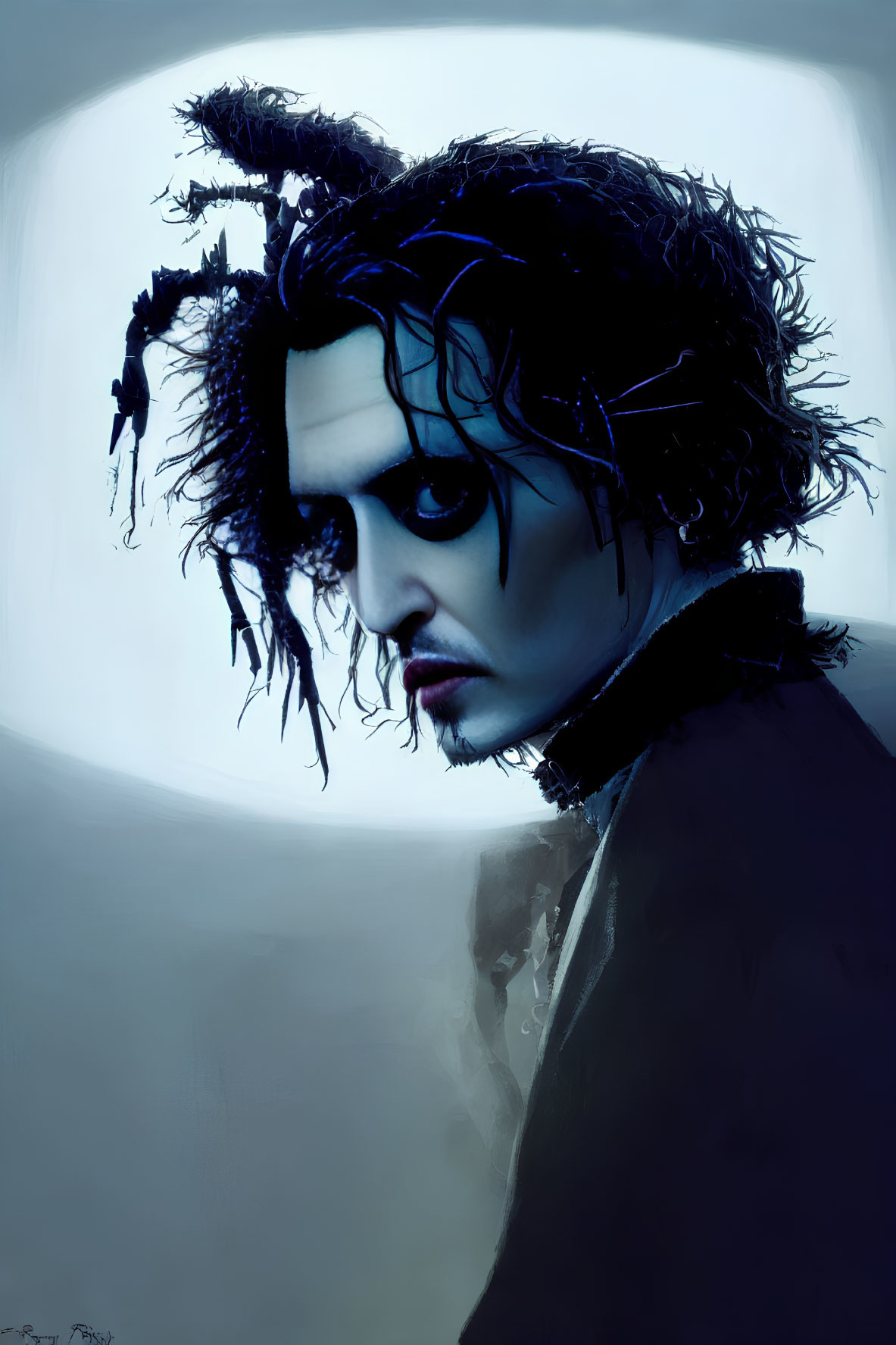Stylized portrait of a pale man in gothic attire against foggy blue background