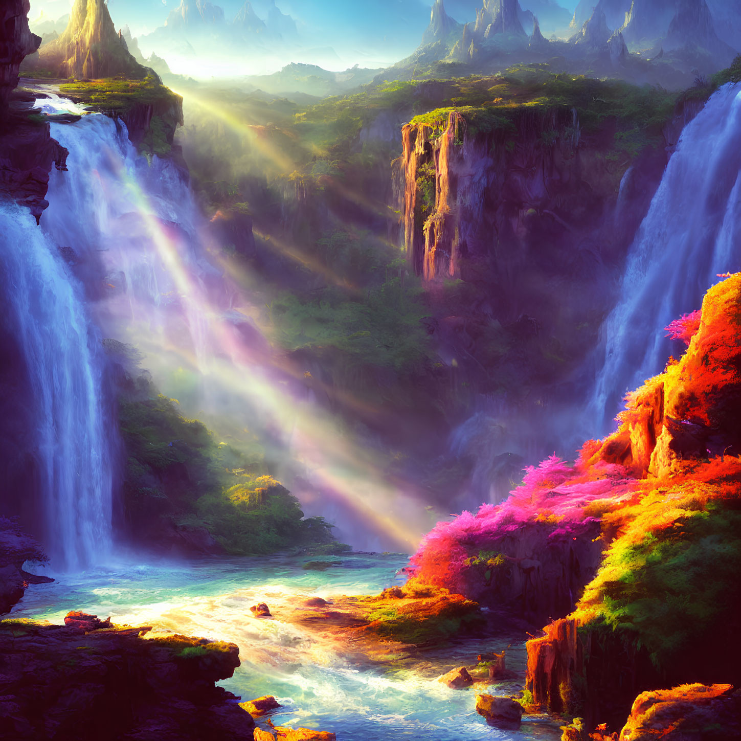 Majestic waterfalls, rainbow light beams in vibrant fantasy landscape