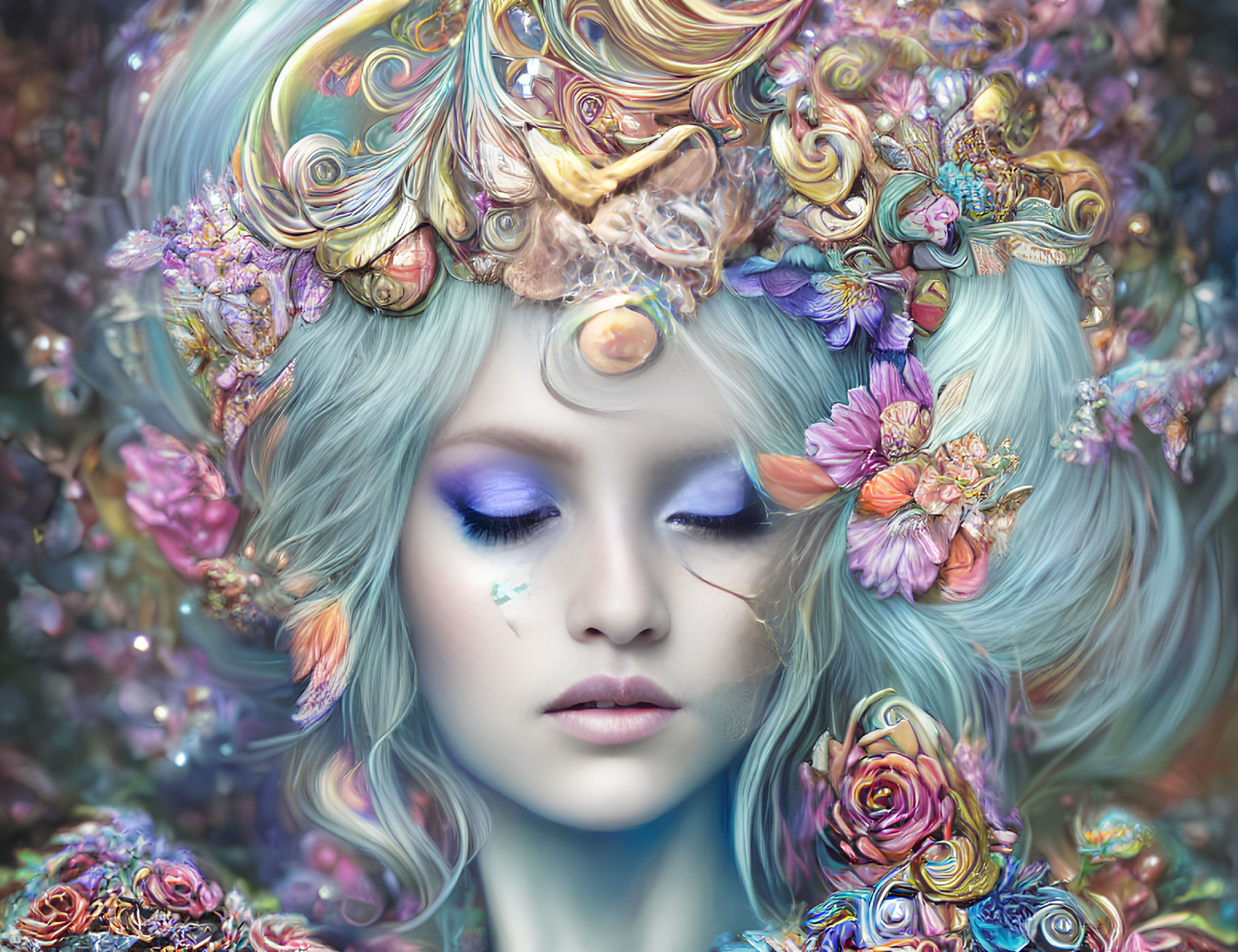 Fantasy female portrait with blue hair and golden headpiece among colorful florals