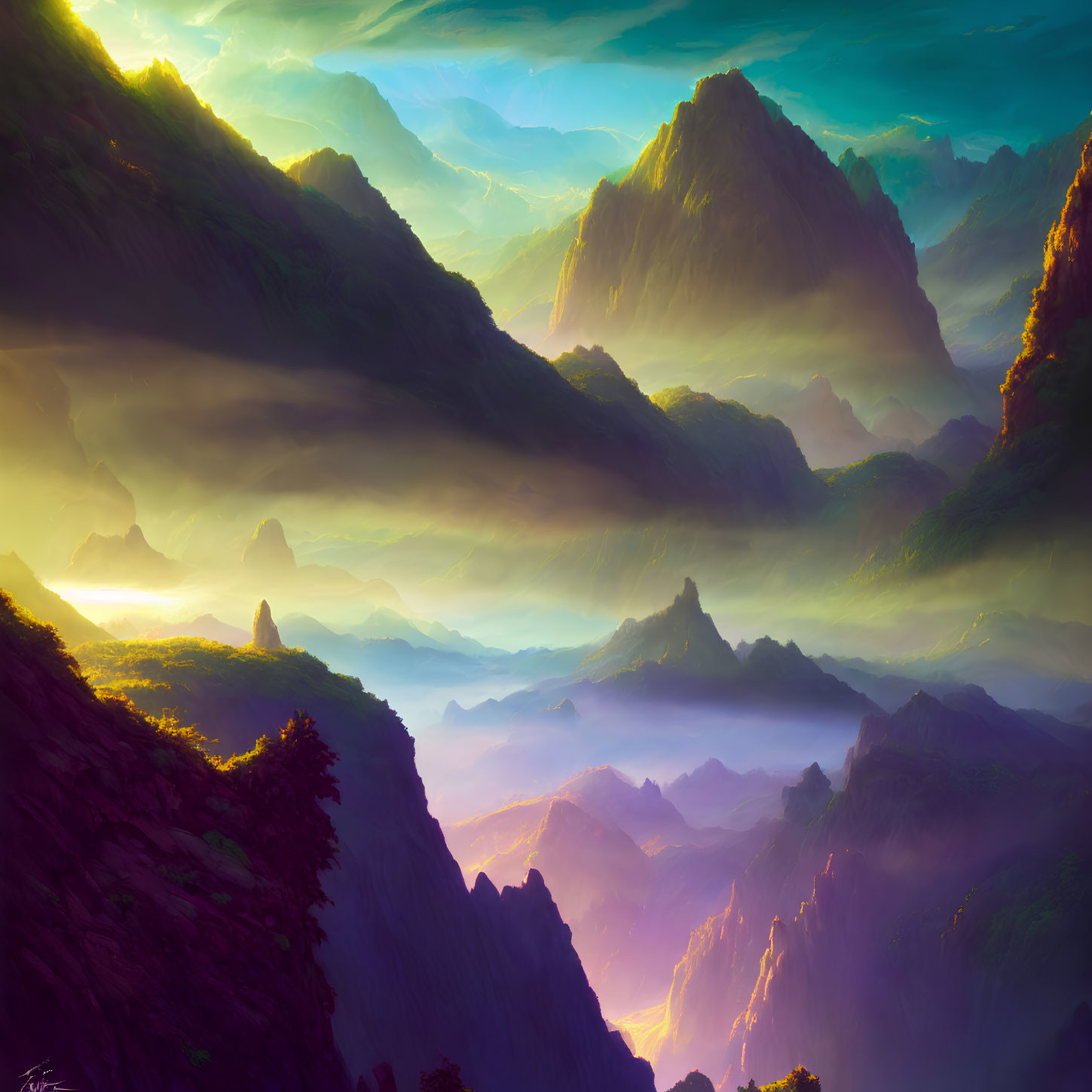 Mystical Valley Sunrise with Green, Purple, and Gold Mountains