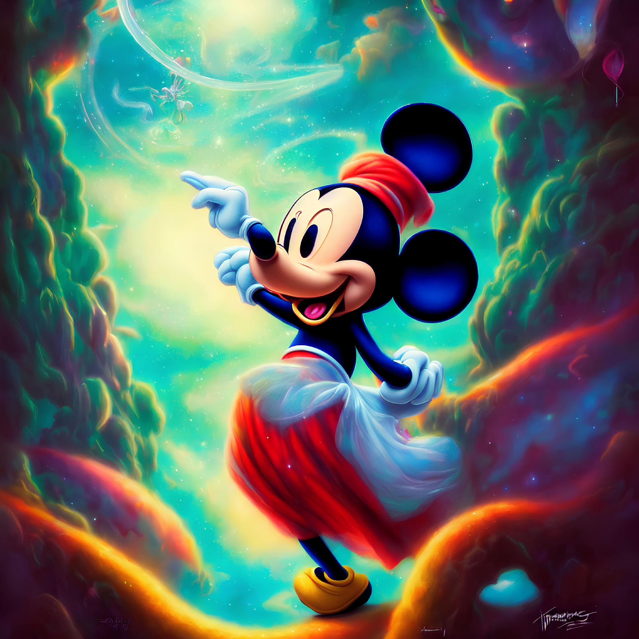 Colorful Mickey Mouse Illustration in Whimsical Pose with Abstract Background