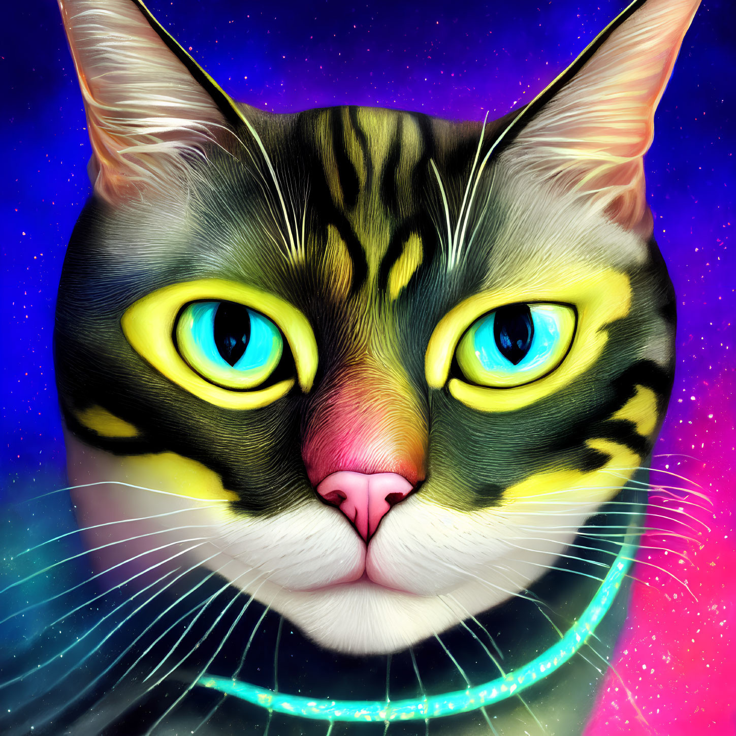 Detailed cat illustration with yellow eyes on cosmic backdrop