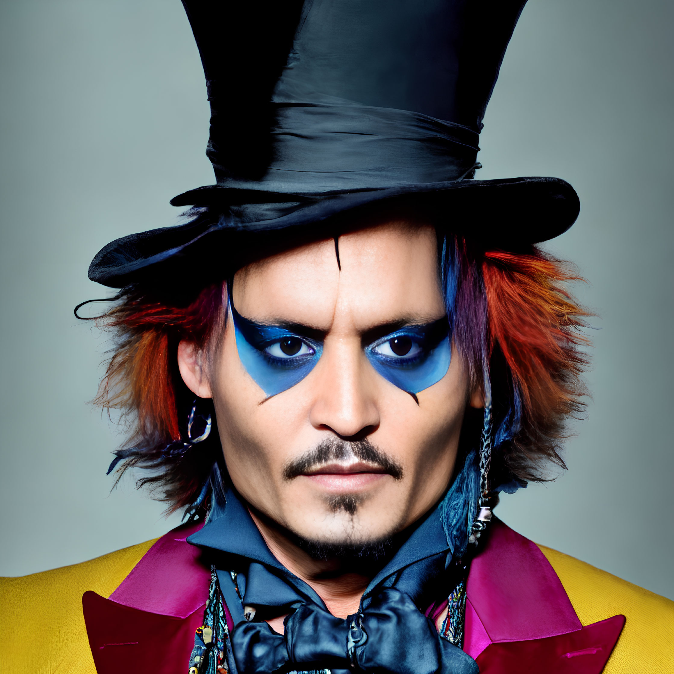 Person with Blue Eyeshadow in Colorful Attire and Top Hat
