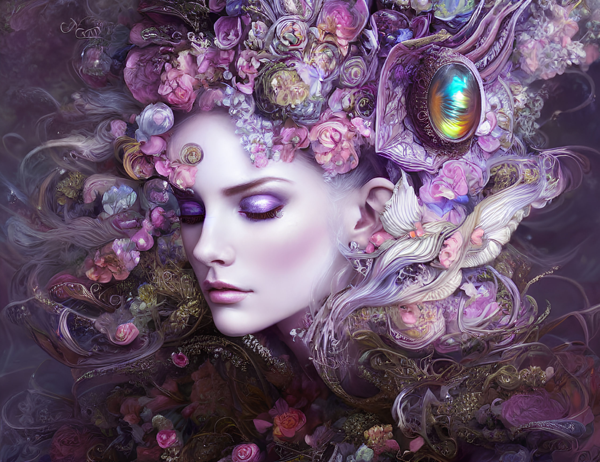 Digital artwork featuring woman with elaborate flower and jewel headdress.