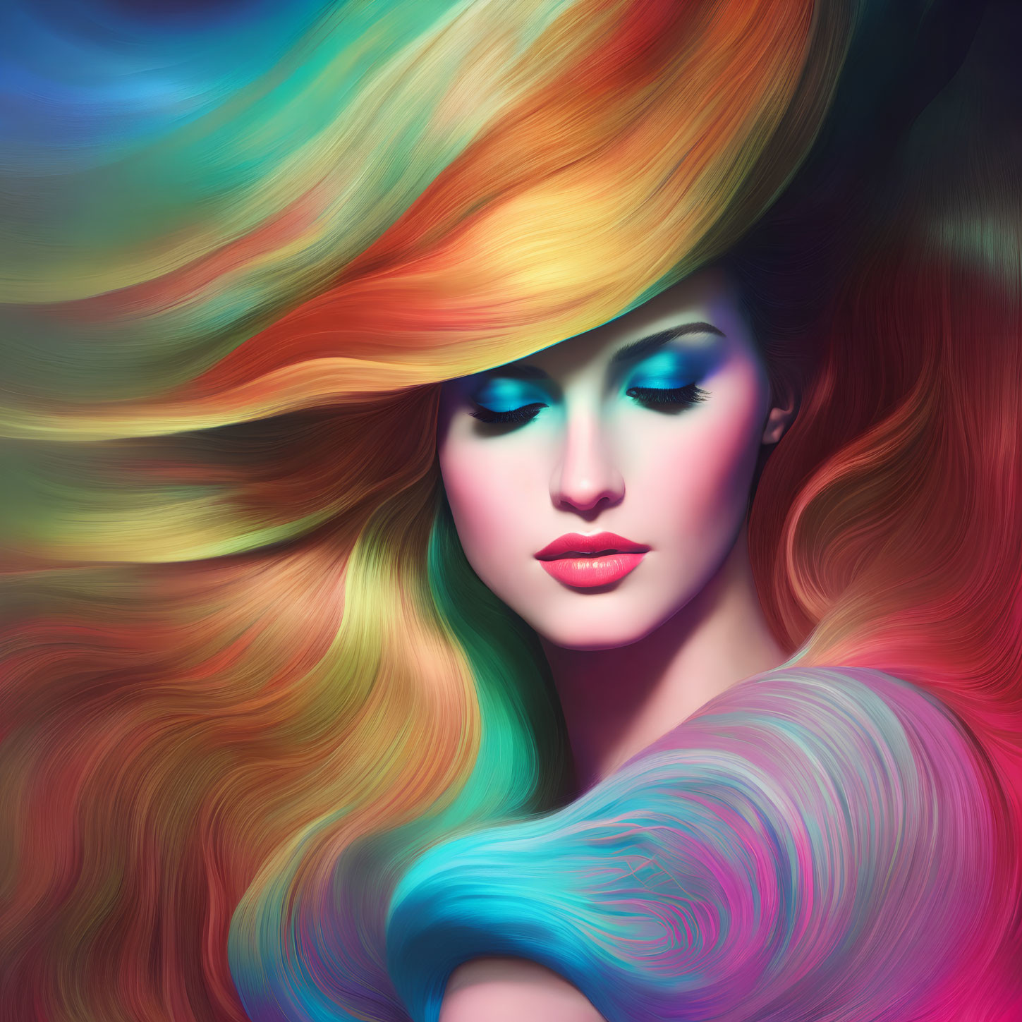 Colorful digital artwork of a woman with multicolored hair and a large hat, showcasing surreal blend