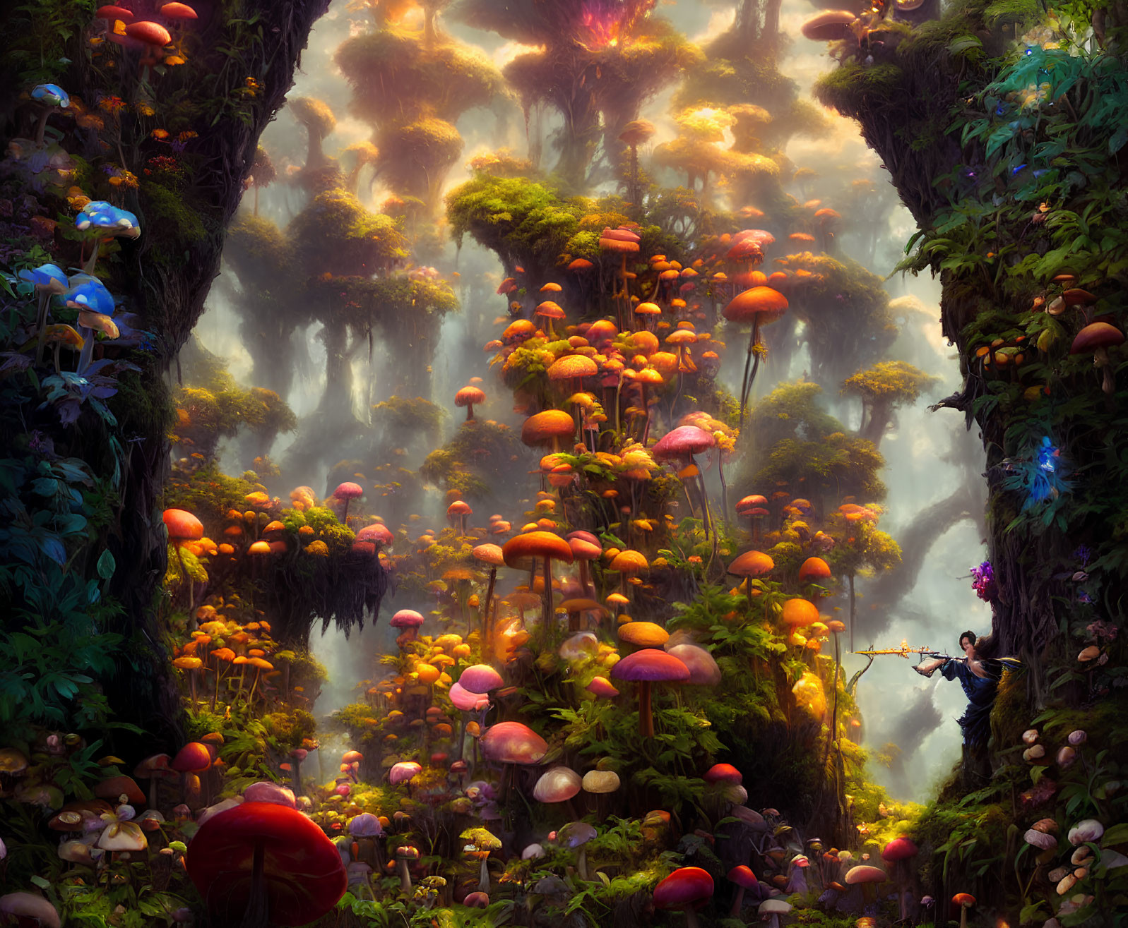 Enchanting forest with towering trees and colorful mushrooms