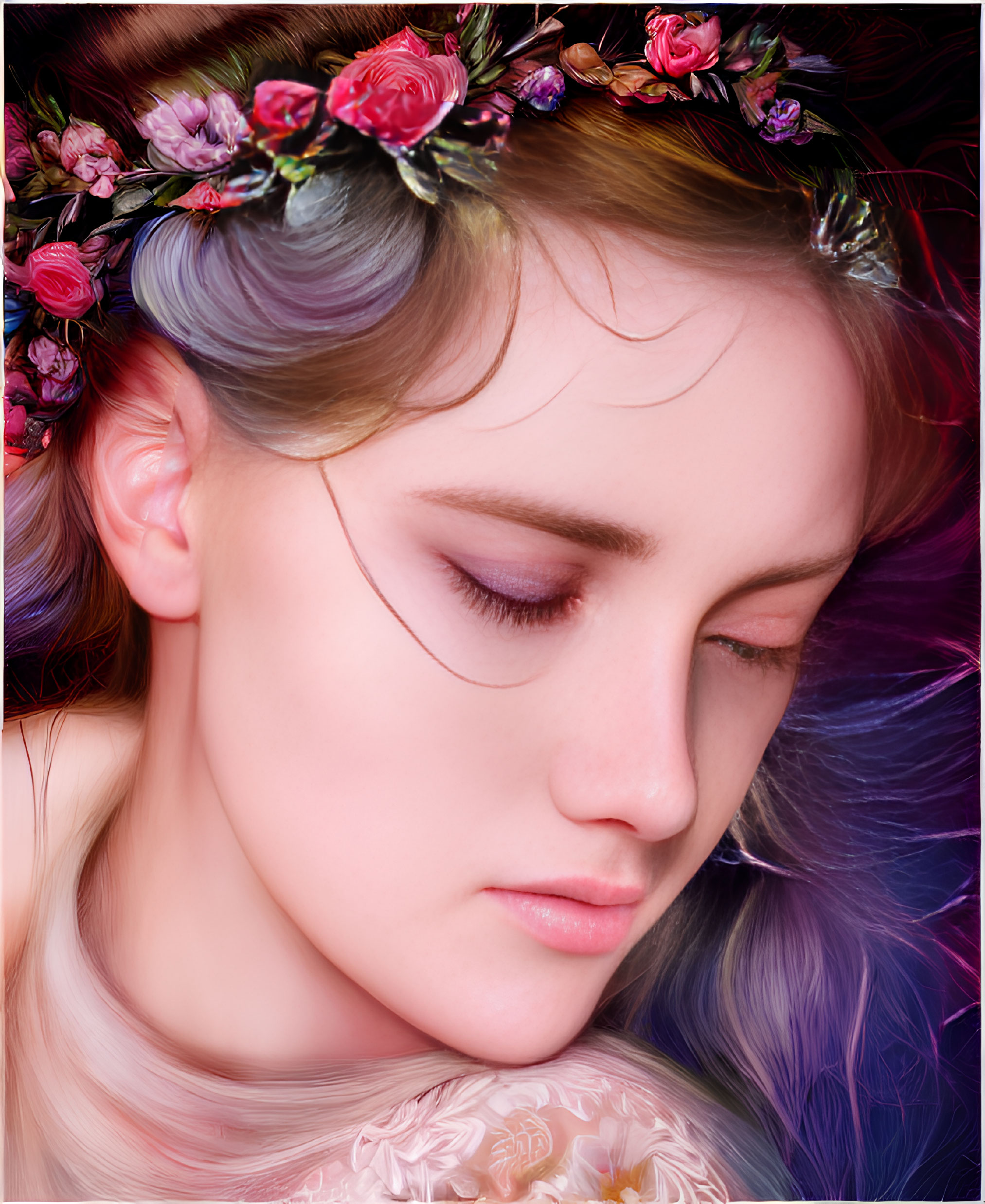 Detailed digital artwork: Woman with floral crown, vibrant colors, peaceful expression