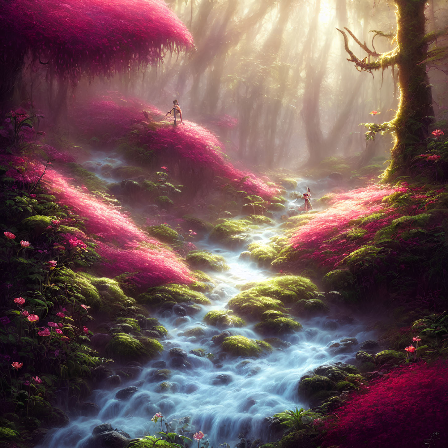 Two individuals in mystical forest with meandering stream and lush moss under sunlight.
