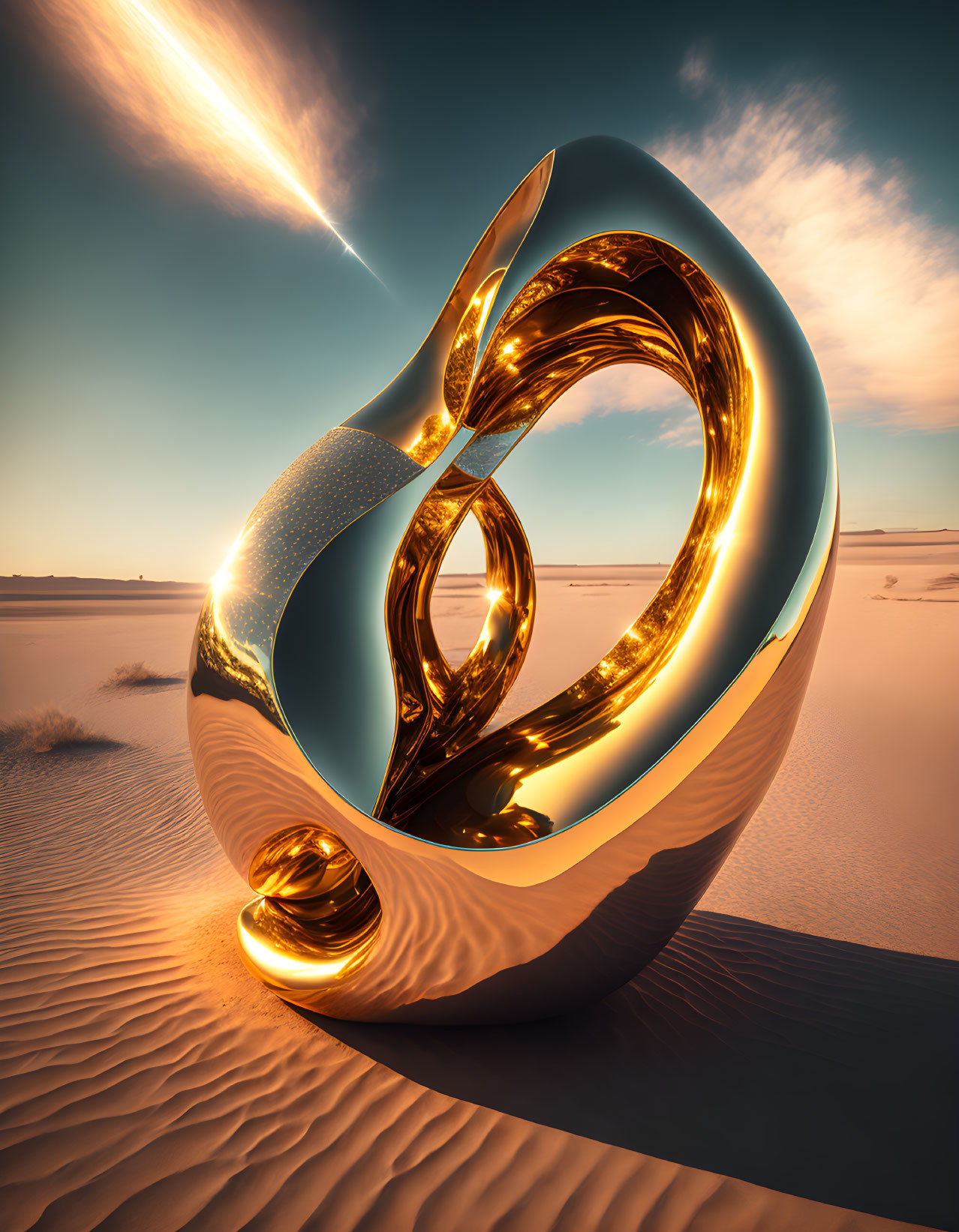 Gold and White Mobius Strip Sculpture on Sandy Dunes with Passing Comet