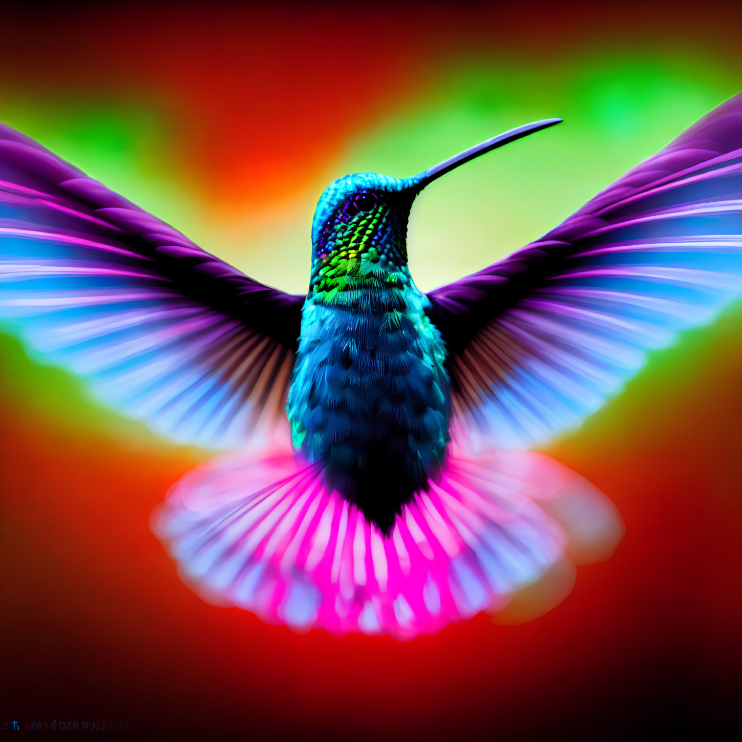Colorful hummingbird in mid-flight against rainbow background