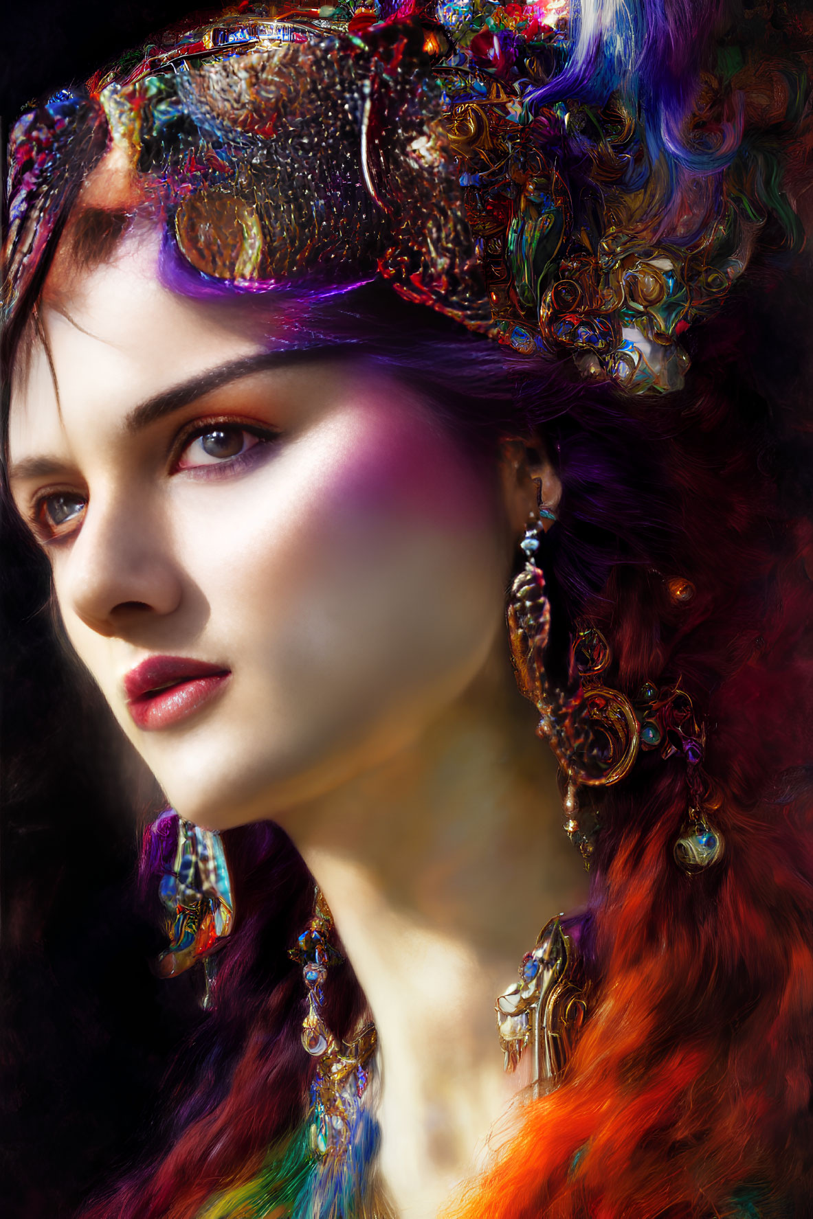 Colorful woman portrait with ornate headdress on dark background