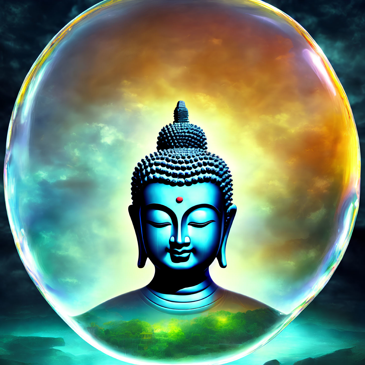 Colorful Bubble Surrounding Buddhist Statue Head on Blue Background with Floating Rocks