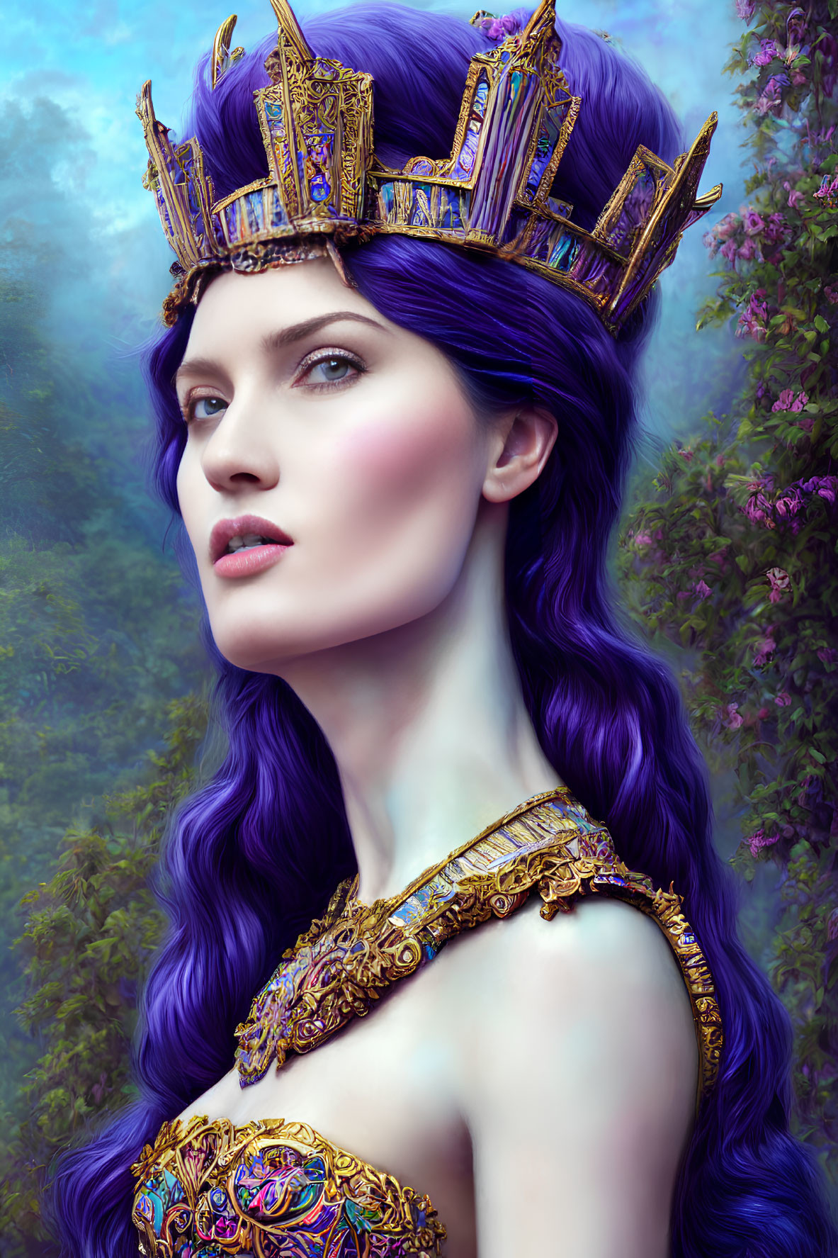Regal figure with purple hair and golden crown in floral setting